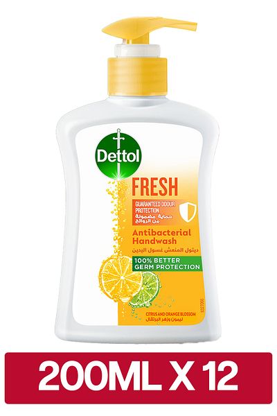Dettol Fresh Handwash Liquid Soap Pump for Effective Protection &Hygiene, Citrus &Orange Blossom, 200ml x12