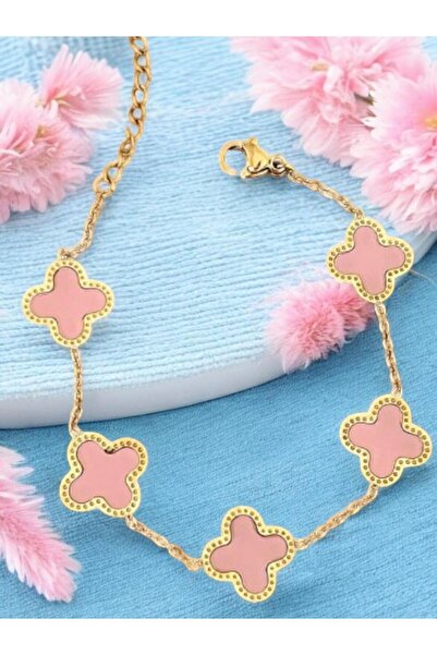Merand Gold Pink Colored 5-Piece Double-Sided Clover Steel Chain Bracelet