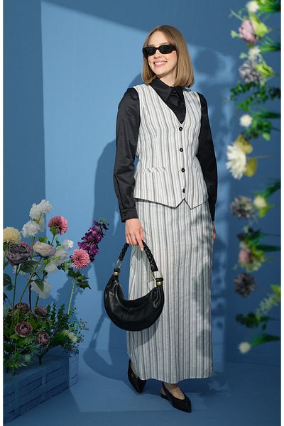 Fatma Atasoy Striped Gray Vest Skirt Suit