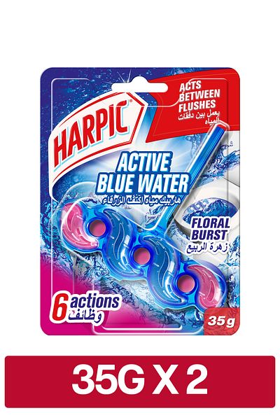 Harpic Active Blue Water Toilet Cleaner Rim Block, Floral Burst Scent, 35g x2