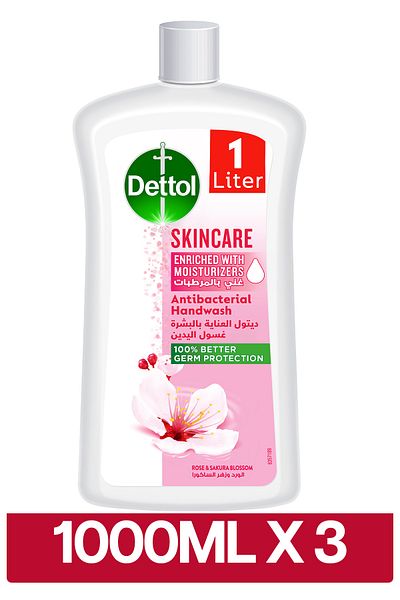 Dettol Skincare Liquid Handwash Refill, Rose & Sakura Blossom Scent, 1L x3