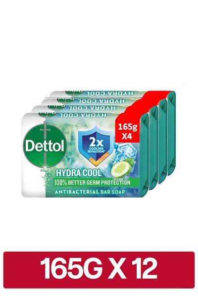 Dettol Hydra Cool Bathing Soap, Cucumber & Icy Menthol Scent, 165g x 12