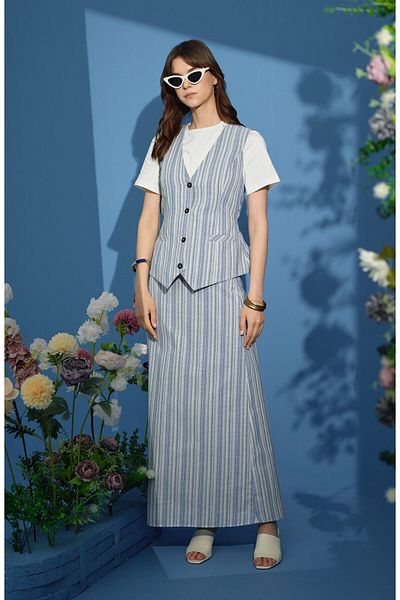 Fatma Atasoy Striped Blue Vest Skirt Set