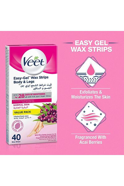 Veet Professional Hair Removal Easy-Gel Legs & Body Wax Strips with Shea Butter, 40 Strips x6