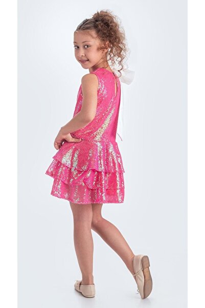 Mnk Baby&Kids Yaka Fiyonk Işıltılı Pul Payet Kumaş Kız Çocuk Abiye Elbise M00702 FUŞYA