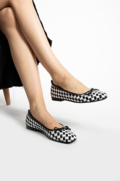 FOLLİNİ Black and White Genuine Leather Women's Ballerinas