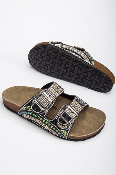 Polomia Comfort Bloom Women's Orthopedic Eva Sole Daily Slippers Double Banded Buckle Diamond Embroidered