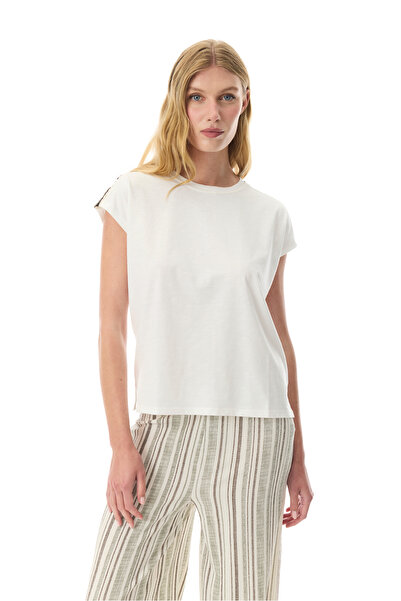 Mudo Women's Off-White Embroidered Low-Sleeve Crew Neck T-Shirt