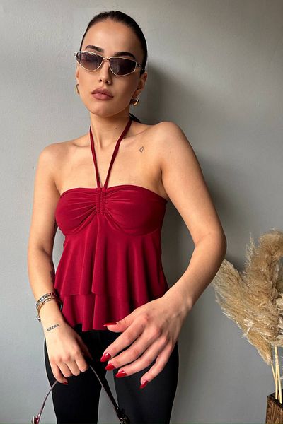 CİDDE Women's Halter Lace Detail Gloped Blouse