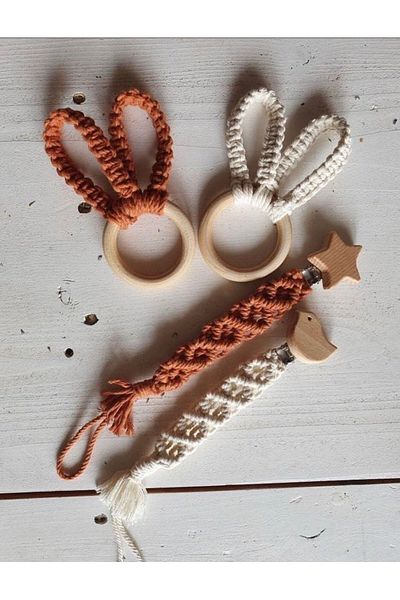 Tasarı Sanatı 100% Natural Cotton Rope Rabbit Ear and Pacifier Holder for Children/Baby Set of 2