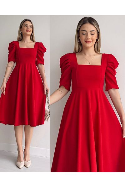 bayansepeti Women's Design Crepe Fabric Square Neck Short Sleeve Midi Length Red Evening Dress 080