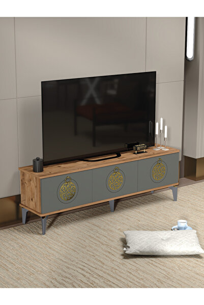 GOLDFALEZ Tv Sehpası Tv Ünitesi Atlantik Çam Antrasit Gold 160 Cm Saraylı 5060