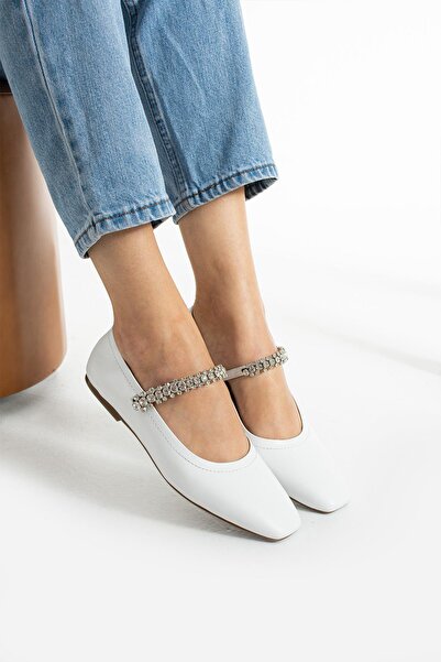 FOLLİNİ White Genuine Leather Women's Ballerinas