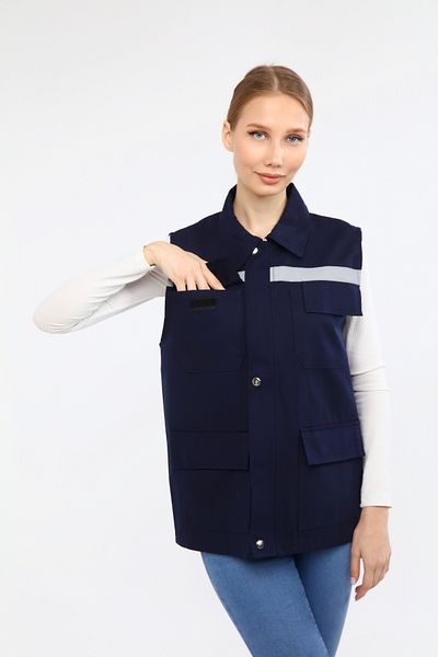 Çamdalı İş Elbiseleri 16/12 Navy Blue Gabardine Multi-Pocket Reflective Worker Vest Navy Blue Vest 4 Pockets Zippered