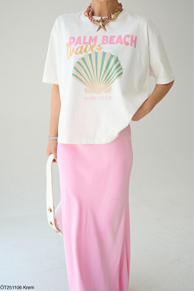 CADDELAMODA Γυναικείο μπλουζάκι με στάμπα Palm Beac Oversize