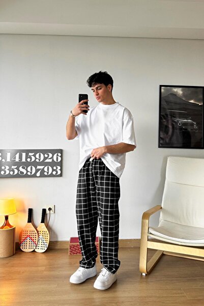 Flaw Wear Plaid Patterned Black Pajamas - Elastic Waist