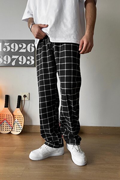 Flaw Wear Plaid Patterned Black Pajamas - Elastic Waist