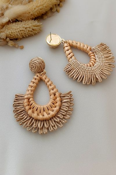COSİTA Straw Water Drop Oversized Tassel Coffee Summer Dress Bag Combination Dangle Earrings