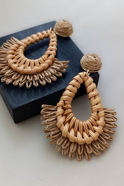 COSİTA Straw Water Drop Oversized Tassel Coffee Summer Dress Bag Combination Dangle Earrings