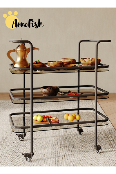 AnneFish 80*35*80cm Rolling Serving Trolley Serving Cart Wheels Beverage Cart Protective Rails Kitchen Dining