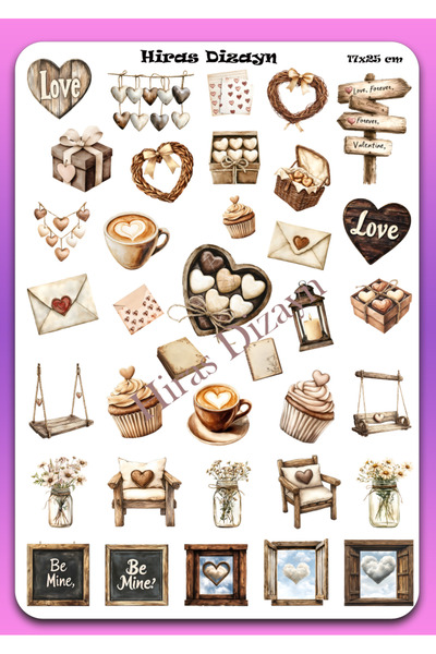 Hiras Dizayn 17x25cm Büyük Boy Rustik Kalp Sevgi Aşk Etiket Sticker Sayfa 36a...
