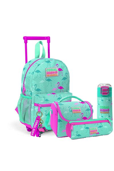 Coral High Kıds Water Green Flamingo Patterned Two Compartment Kindergarten Bag Set of 4 with Squeegee