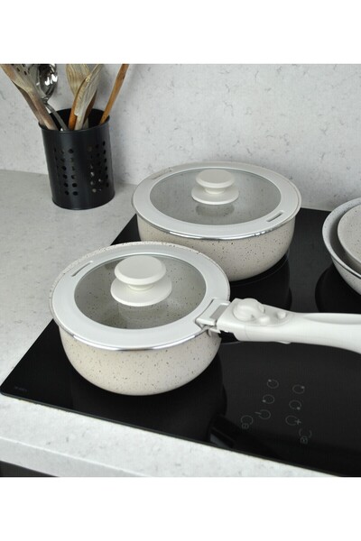 Qualitev 9 Piece Granite Coated Pot and Pan Set with Plug and Remove Handle Nested Cooking Storage Beige