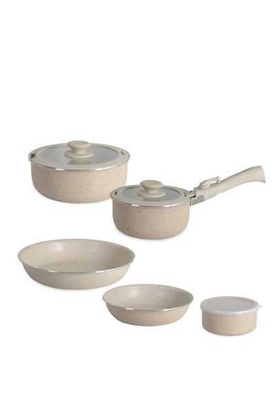 Qualitev 9 Piece Granite Coated Pot and Pan Set with Plug and Remove Handle Nested Cooking Storage Beige