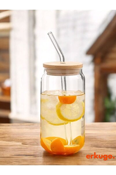 ERKUGO 600 ml Bambu Kapaklı Pipetli Borosilikat Sunum Bardağı, Kahve Bardağı, Isı Dayanıklı Bardak Coollime