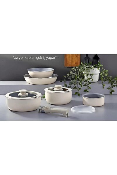 Qualitev 9 Piece Granite Coated Pot and Pan Set with Plug and Remove Handle Nested Cooking Storage Beige