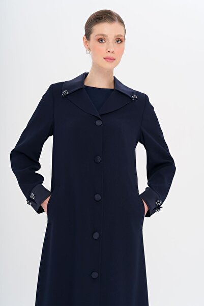 Olcay Top Collar Satin Garnished Stone Accessory Lined Large Size Top Coat Dark Blue 6718
