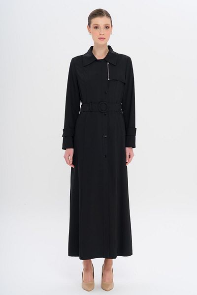 Olcay Shirt Collar Zippered and Snap Closure Lined Overcoat Black 6727
