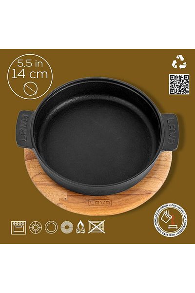 Lava Cast Round Casserole Container Cast Iron Solid Double Handle Beech Serving Wooden Diameter(Ø)14cm