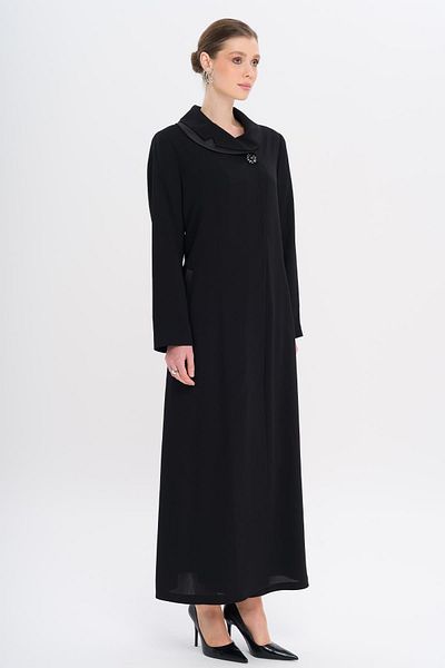 Olcay Buttoned Stoned Satin Detailed Lined Large Size Overcoat Black 6720