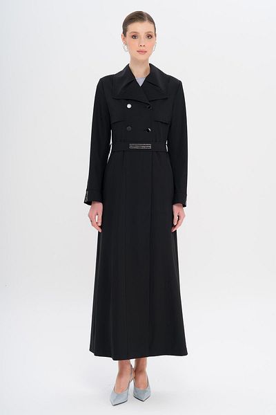 Olcay Handkerchief Collar Stone and Bead Detailed Lined Overcoat Black 6753