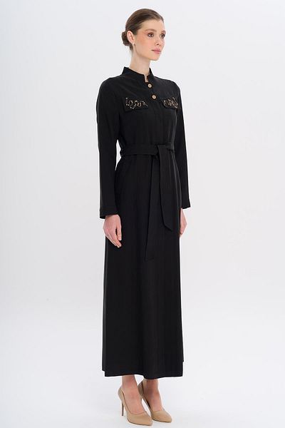 Olcay Judge Collar Bead and Processing Detailed Unlined Modal Top Coat Black 6728