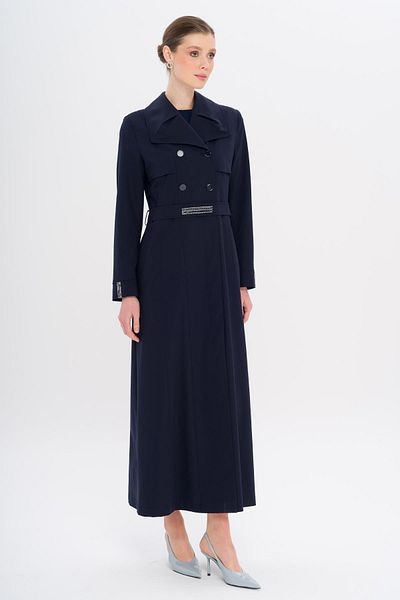 Olcay Handkerchief Collar Stone and Bead Detailed Lined Overcoat Dark Blue 6753