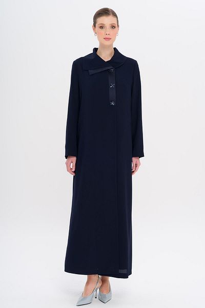 Olcay Satin Garnished Buttons Lined with Stones Large Size Top Coat Dark Blue 6719