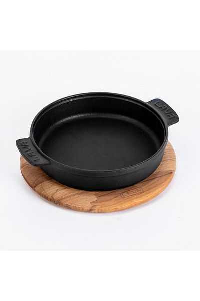 Lava Cast Round Casserole Container Cast Iron Solid Double Handle Beech Serving Wooden Diameter(Ø)14cm