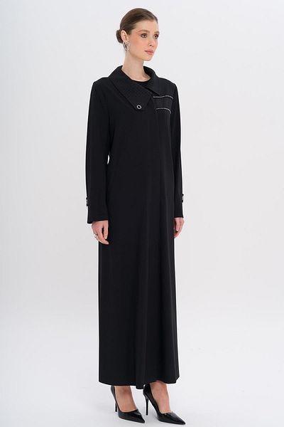 Olcay Handkerchief Collar Pattern and Stone Detailed Unlined Large Size Top Coat Black 6714