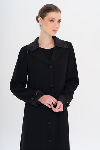 Olcay Top Collar Satin Garnished Stone Accessory Lined Large Size Top Coat Black 6718