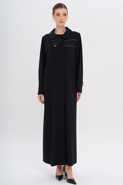 Olcay Handkerchief Collar Pattern and Stone Detailed Unlined Large Size Top Coat Black 6714