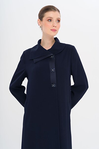 Olcay Satin Garnished Buttons Lined with Stones Large Size Top Coat Dark Blue 6719