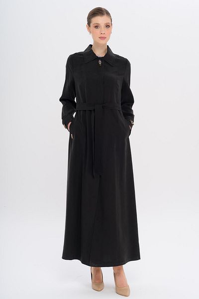 Olcay Shirt Collar Accessory Detailed Unlined Modal Large Size Top Coat Black 6745