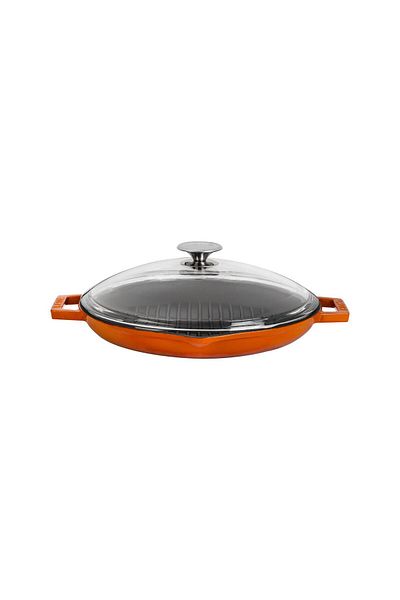 Lava Cast Round Grill Pan with Glass Lid Cast Iron Solid Double Handles Diameter (Ø) 30cm.