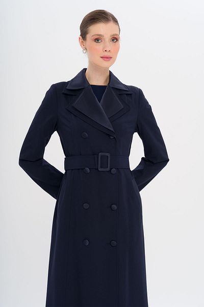 Olcay Satin Garnished Double Collar Lined Overcoat Dark Blue 6752