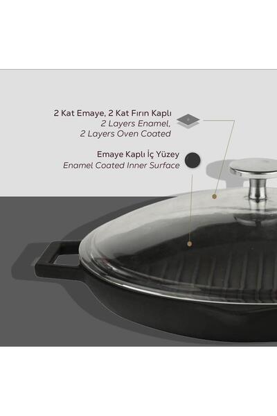 Lava Döküm Yuvarlak Izgara Tavası Cam Kapaklı Döküm Demir Yekpare Çift Kulplu Çap(Ø)30cm.