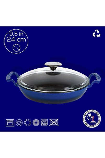 Lava Döküm Yuvarlak Sahan Cam Kapaklı Döküm Demir Yekpare Çift Kulplu Çap(Ø)24cm.