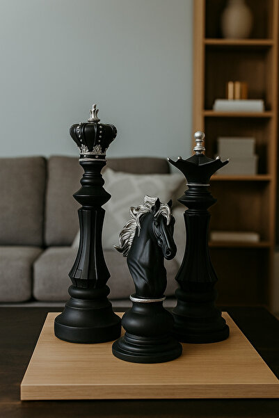 Genel Markalar Üçlü Satranç Seti Heykeli Şah Vezir At Dekoratif Siyah Krom Biblo