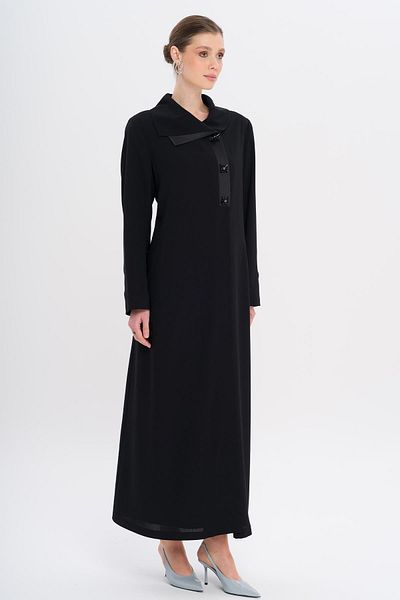 Olcay Satin Garnished Buttons Lined with Stones Large Size Top Coat Black 6719